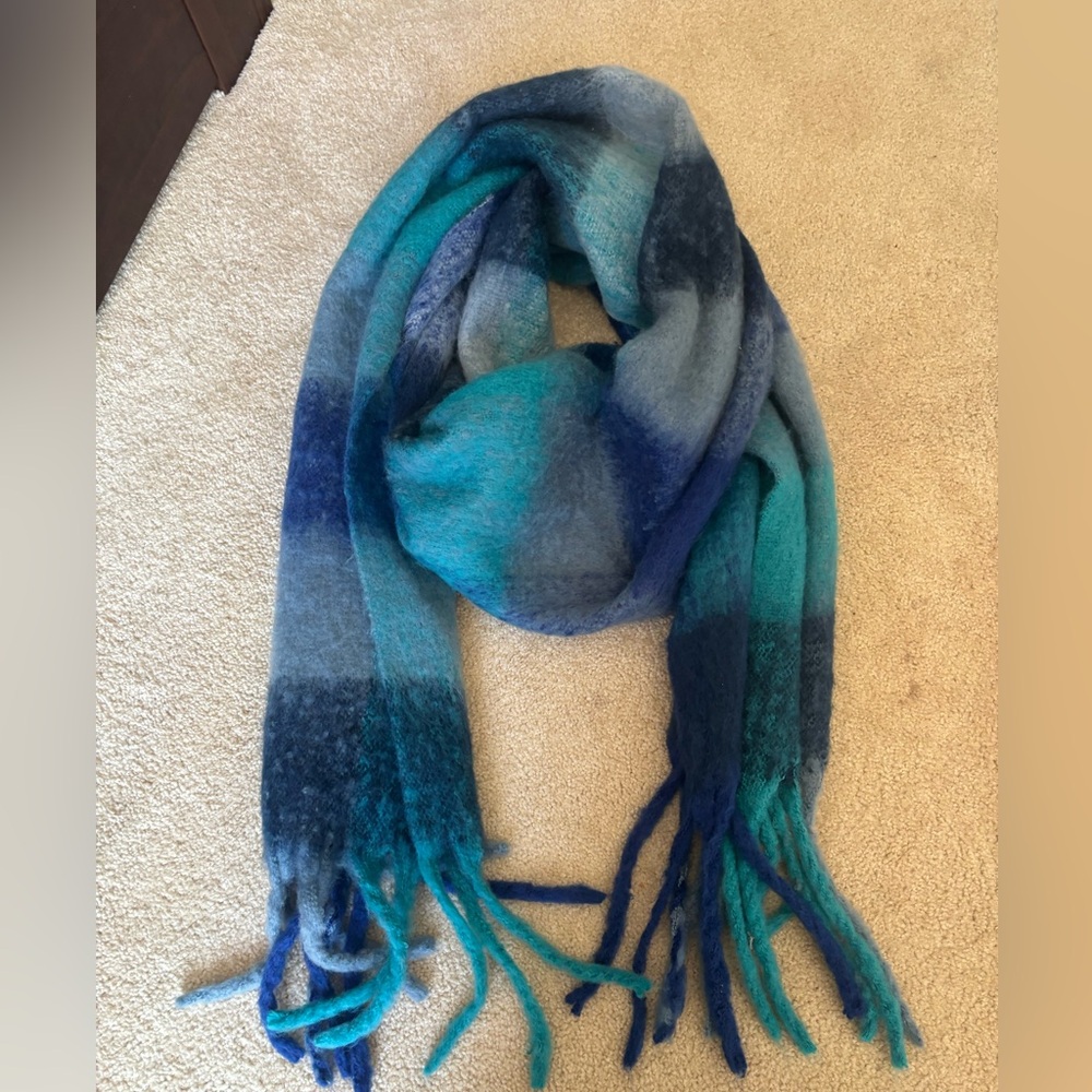Luxury Soft Cashmere Scarf Shawl Wrap Blue Green Striped Fringe Large